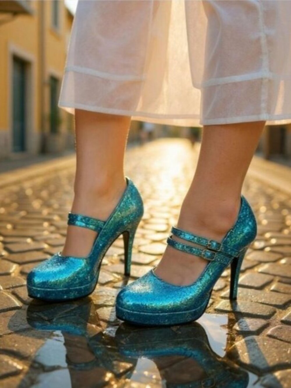 1031 Shoes ✦ Blue Glitter Heels ✦ Party Pumps Double Buckle Closure Sz 9 NWT - Picture 4 of 8